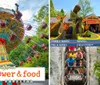 The image is a vibrant collage promoting Dollywoods Flower  Food Festival featuring a swing carousel ride a violinist with a guitarist and a happy character interacting with children