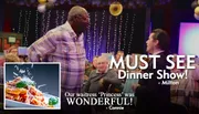The image is an advertisement for a dinner show, featuring positive reviews from guests, a well-lit dining area with patrons engaged in watching a performance, and an inset showcasing a delicious pasta meal.